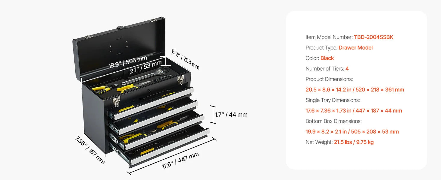 SucceBuy 20.5in Metal Tool Box Portable 4-Drawers Tool Chest with Drawers Locking Multi-Function Tool Organizer for Workshop