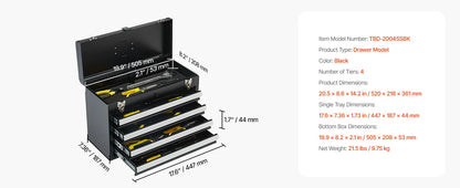 SucceBuy 20.5in Metal Tool Box Portable 4-Drawers Tool Chest with Drawers Locking Multi-Function Tool Organizer for Workshop