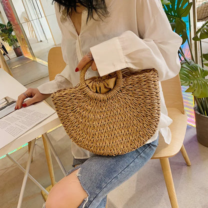 Summer Handmade Straw Bag for Women Beach Tote Moon Shaped - Smarsty