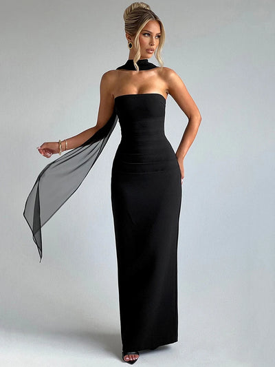 Mozision Scarf Collar Strapless Sexy Maxi Dress For Women Fashion Off-shoulder Backless Bodycon Club Party Long Dress Elegant - Smarsty
