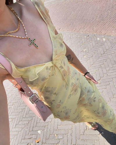 Cryptographic Summer Floral Print Plunge Maxi Dress Outfits Sexy Backless Fairy Sun Dresses Vacation Beachwear Vestido Coquette - Smarsty