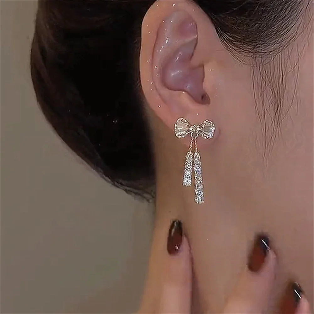 Trendy Zircon Bow Earrings with Crystal Tassel for Women - Smarsty