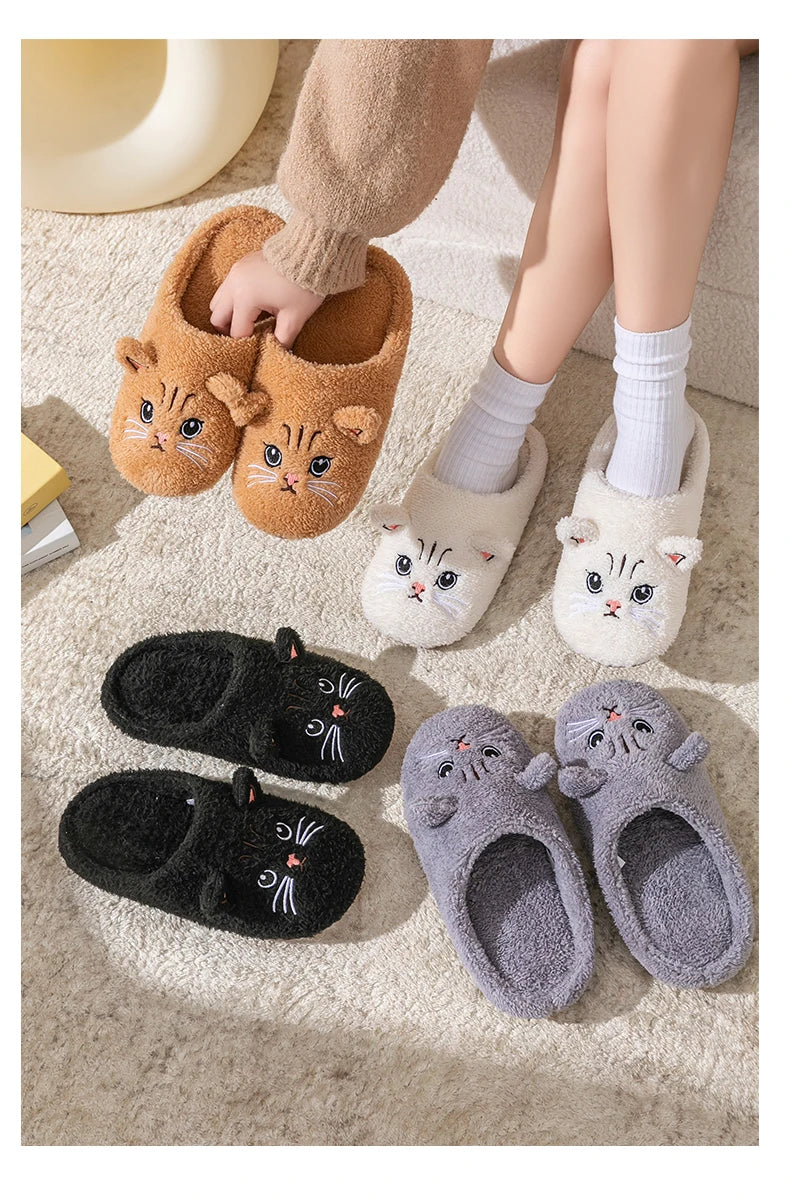 Women's Cartoon Cat Plush Slippers Cozy Winter Bedroom House Shoes with Non-Slip Soft Sole for Indoor Comfort Home Warm Shoes - Smarsty