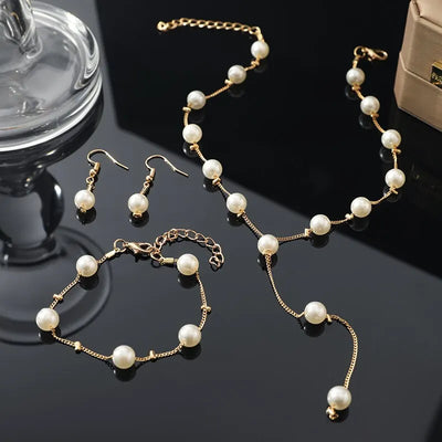 Gold Tone Necklace Earrings Bracelet Set With Tassel Pearls - Smarsty