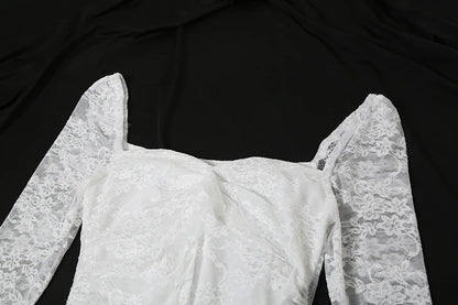 Goth Dark Fairycore Lace Flare Sleeve Square Neck A-line Dress Sweet E-girl Irregular Long Hem Dresses Cyber Y2K Party Vestido - Smarsty