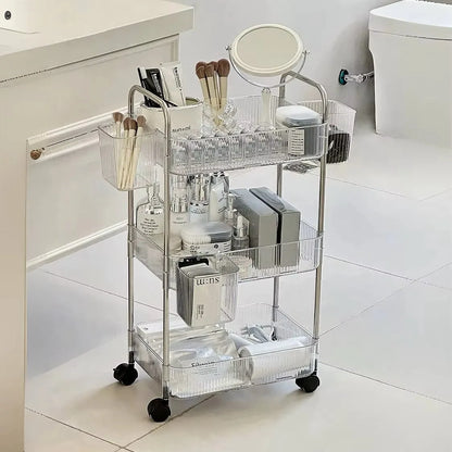 3/4 Layer Rolling Trolley Storage Rack Movable Trolley With Hanging Basket Bathroom Storage Makeup Snack Organizer Transparent