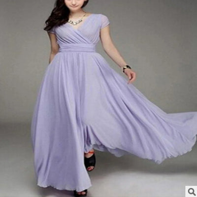 Women's Short-Sleeved Chiffon Evening Dress, Female Party Dress, Monochromatic, Bohemian, Long, Elegant, New, 2022 - Smarsty