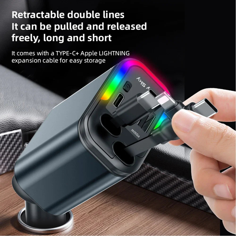 5-in-1 180W Car Fast Charger USB Type-C Power Adapter Retractable Phone Charger With Roof Starlight For IOS Android Phones - Smarsty