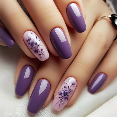 24 Piece Set Medium Long Press On Nails with Peach Flower Design - Smarsty