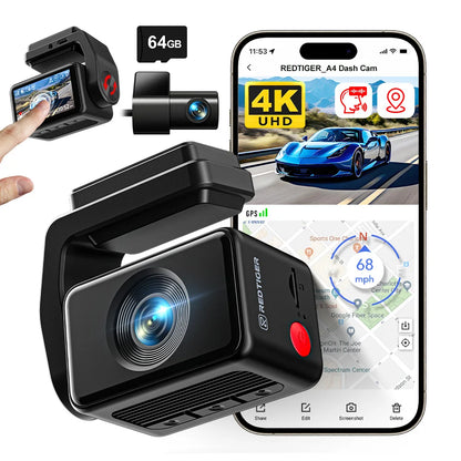 REDTIGER  A4 4k Dash Cam Front and Rear Drive Recorder GPS& 5G WiFi Touch Screen Night Vision 24H Parking Mode Voice Control