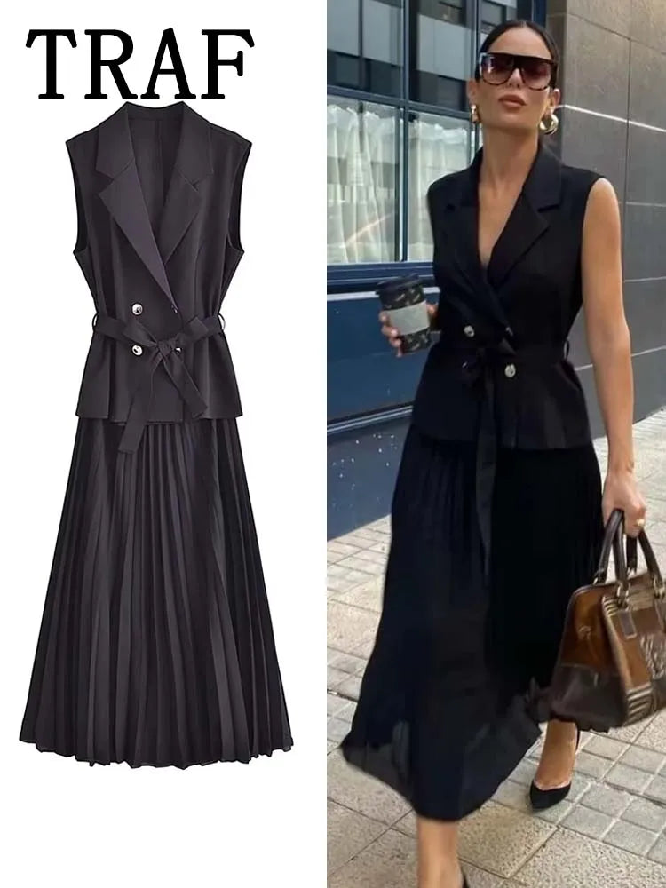 Corset Dress Women Pleated Vests Long Dresses for Women 2024 Sleeveless Office Party Dress Ruched Midi Evening Dresses - Smarsty