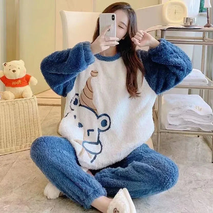 Thickened Warm Flannel Women's Sleepwear Coral Velvet Pajamas Loungewear Winter Cartoon Bear Padded Girl Nightwear Homewear Sets - Smarsty