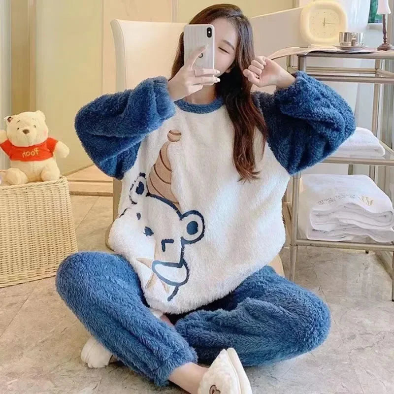 Thickened Warm Flannel Women's Sleepwear Coral Velvet Pajamas Loungewear Winter Cartoon Bear Padded Girl Nightwear Homewear Sets - Smarsty