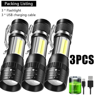 Portable Rechargeable LED Flashlight with Pen Clip Zoomable Waterproof Torch with Side Light Outdoor Camping Emergency Lantern - Smarsty