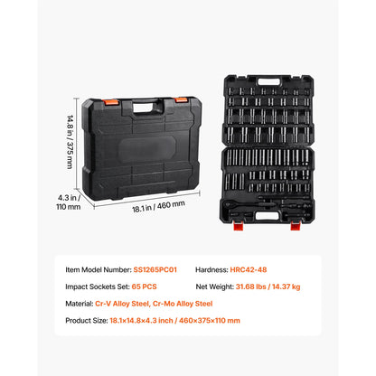 SucceBuy 26/65PCs US Plus Drive Impact Socket Set Deep Standard Socket Set SAE Metric 6 Point CR-V Cr-Mo Alloy Steel Auto Repair