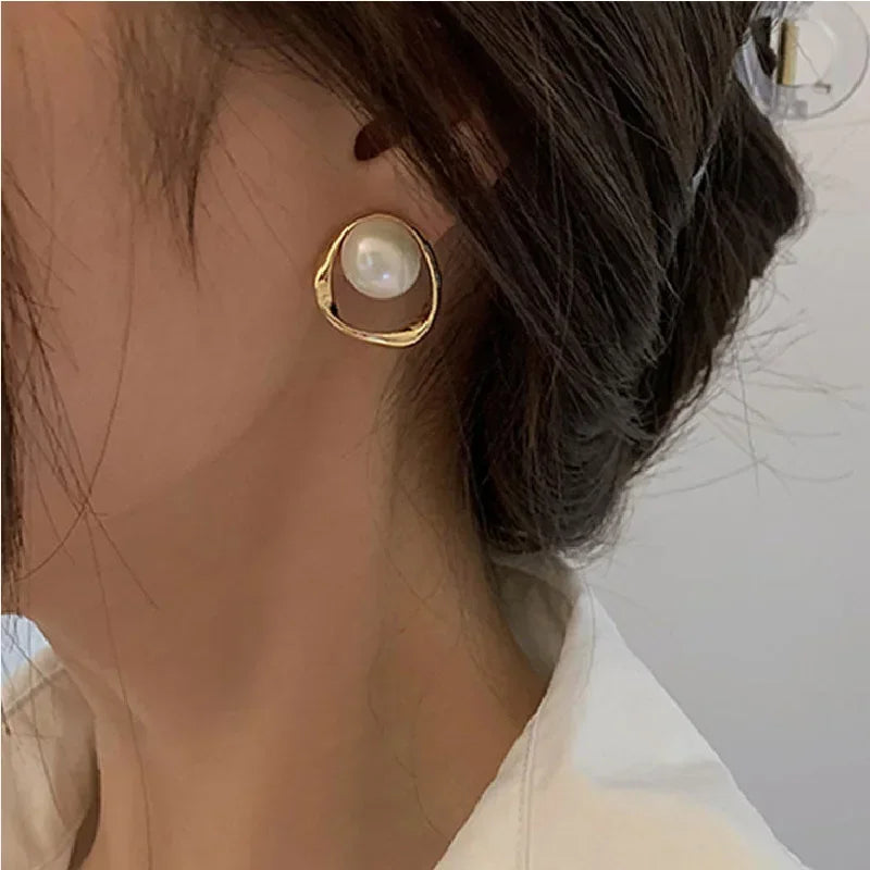 Gold Pearl Stud Earrings Korean Irregular Delicate 2023 - Smarsty