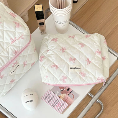 Cute Bow Flower Quilted Cotton Makeup Bag With Zipper - Smarsty