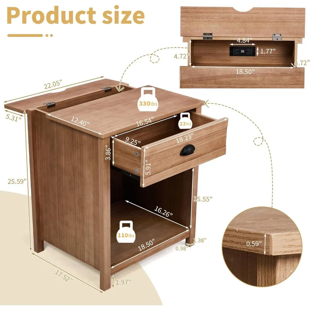 charging station nightstand in farmhouse style, pine wood with drawer for bedroom use