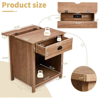 charging station nightstand in farmhouse style, pine wood with drawer for bedroom use