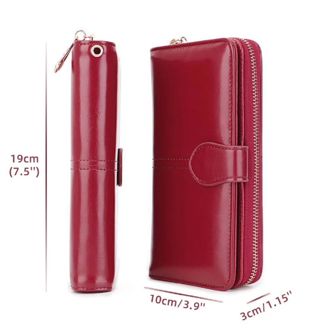Bright and shiny wax leather long wallet that can hold multiple cards, card bags, and comes with a wristband