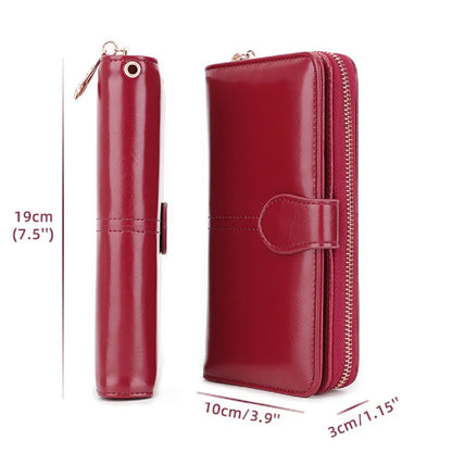 Bright and shiny wax leather long wallet that can hold multiple cards, card bags, and comes with a wristband