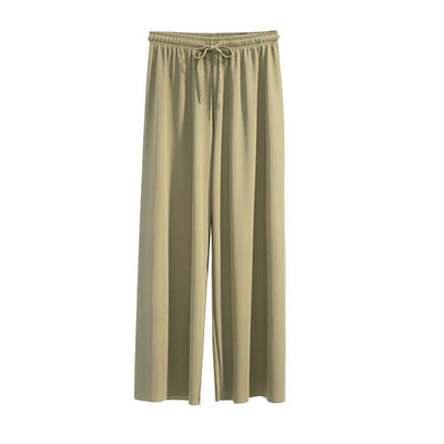 Women Ankle-Length Wide Leg Pants Casual Summer Solid Elastic Waist Loose Ice Silk Pants Spring Summer Female Trousers - Smarsty