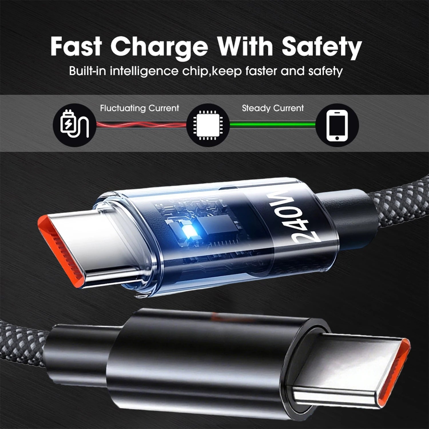 240W Nylon USB Type C Super Fast Charging Cable For Samsung Xiaomi Huawei Honor LED Digital Display USB C Charger Data Cord - Smarsty