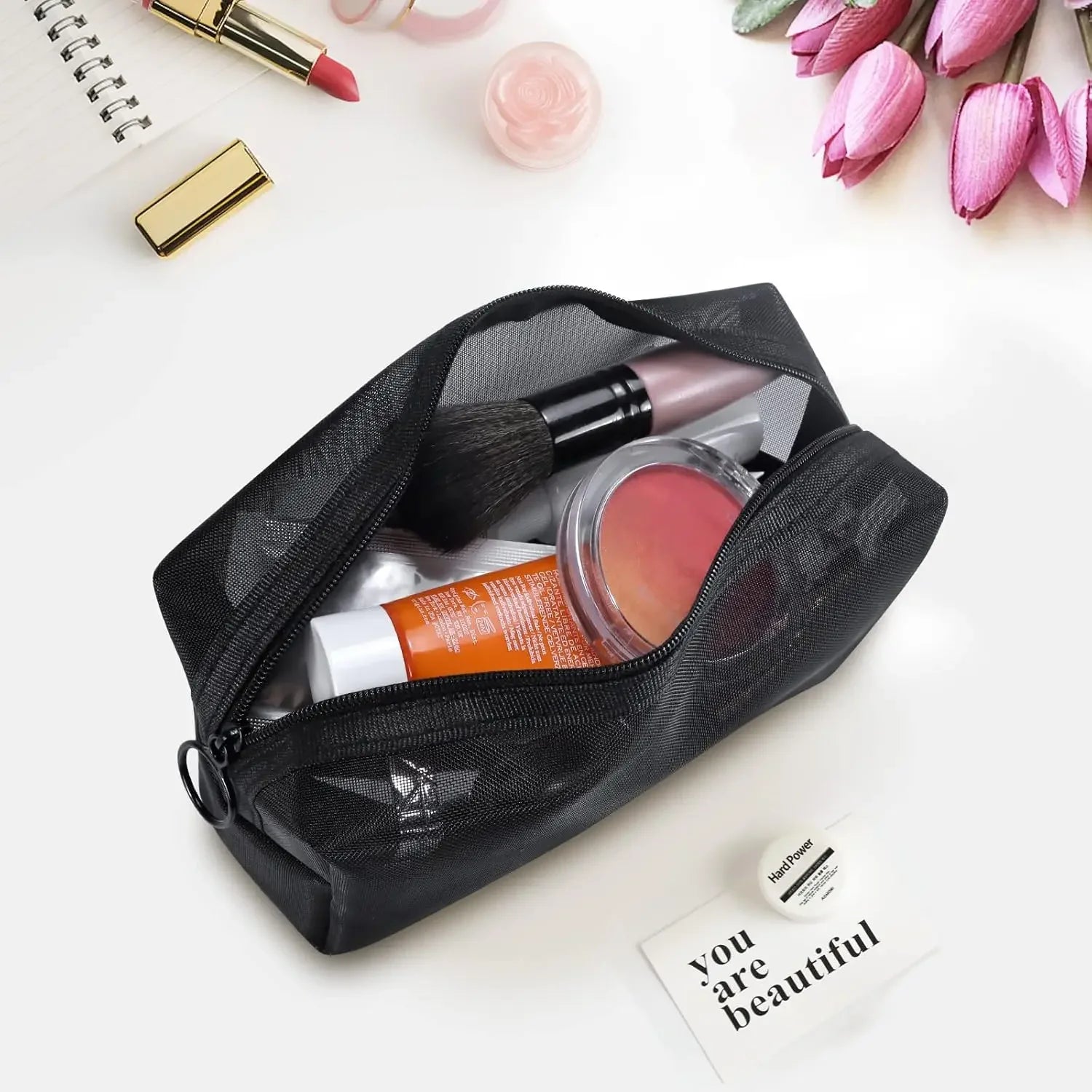 1PC Travel Black Mesh Cosmetic Bag Zipper Makeup Bag For Women Wash Toiletry Bag Makeup Organizer Portable Storage Pouch - Smarsty
