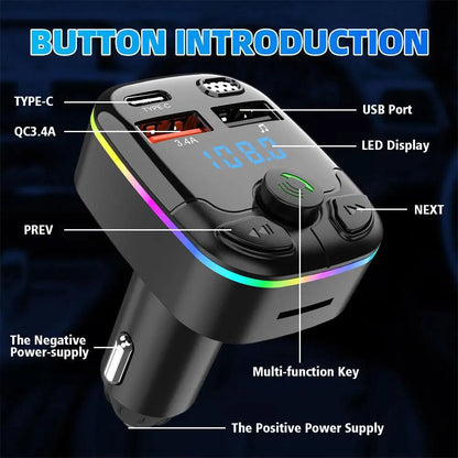 Bluetooth 5.0 Car FM Transmitter PD Type-C Dual USB Ambient Player Handsfree MP3 Charger Type-C Wireless Light PD QC3.0 Adapter - Smarsty