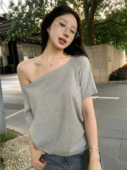 Sexy Pullovers Women Off Shoulder Cropped Knitted Basic Clothes Autumn All-match Side Slit Simple Tender Slim Gentle Seductive - Smarsty