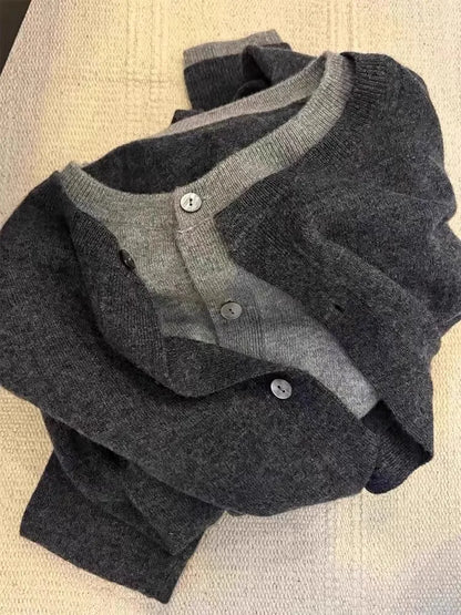 Fake two 100% pure cashmere sweater cardigan dark grey high-grade wool knit coat top - Smarsty