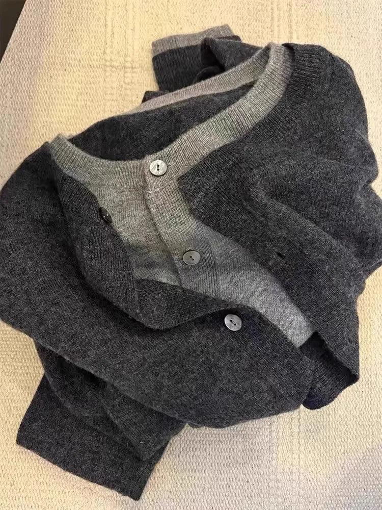 Fake two 100% pure cashmere sweater cardigan dark grey high-grade wool knit coat top - Smarsty