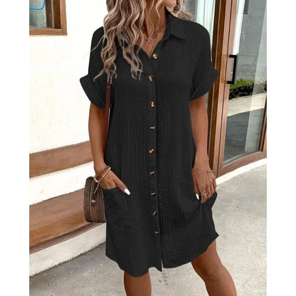 Fashion Women Summer Short Sleeve Shirt Dress Elegant Loose Simple Pockets Office Single Breasted Casual Party Dresses Clothes