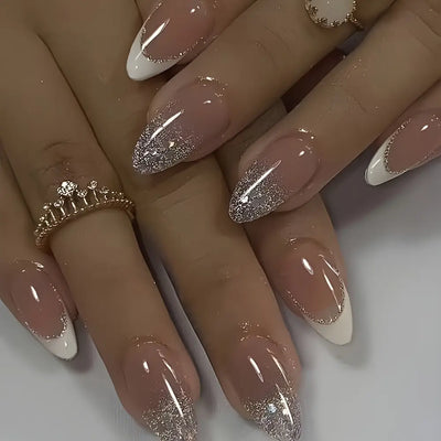 24PCS French Almond Fake Nails with Pearl Trim - Smarsty