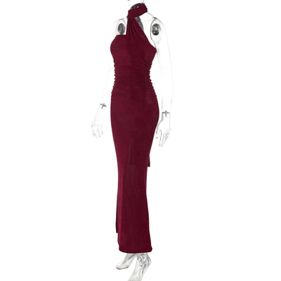 Hugcitar Halter Solid Sleeveless Backless Ruched Sexy Bodycon Maxi Prom Dress Summer Women Elegant Outfit Evening Party Birthday - Smarsty
