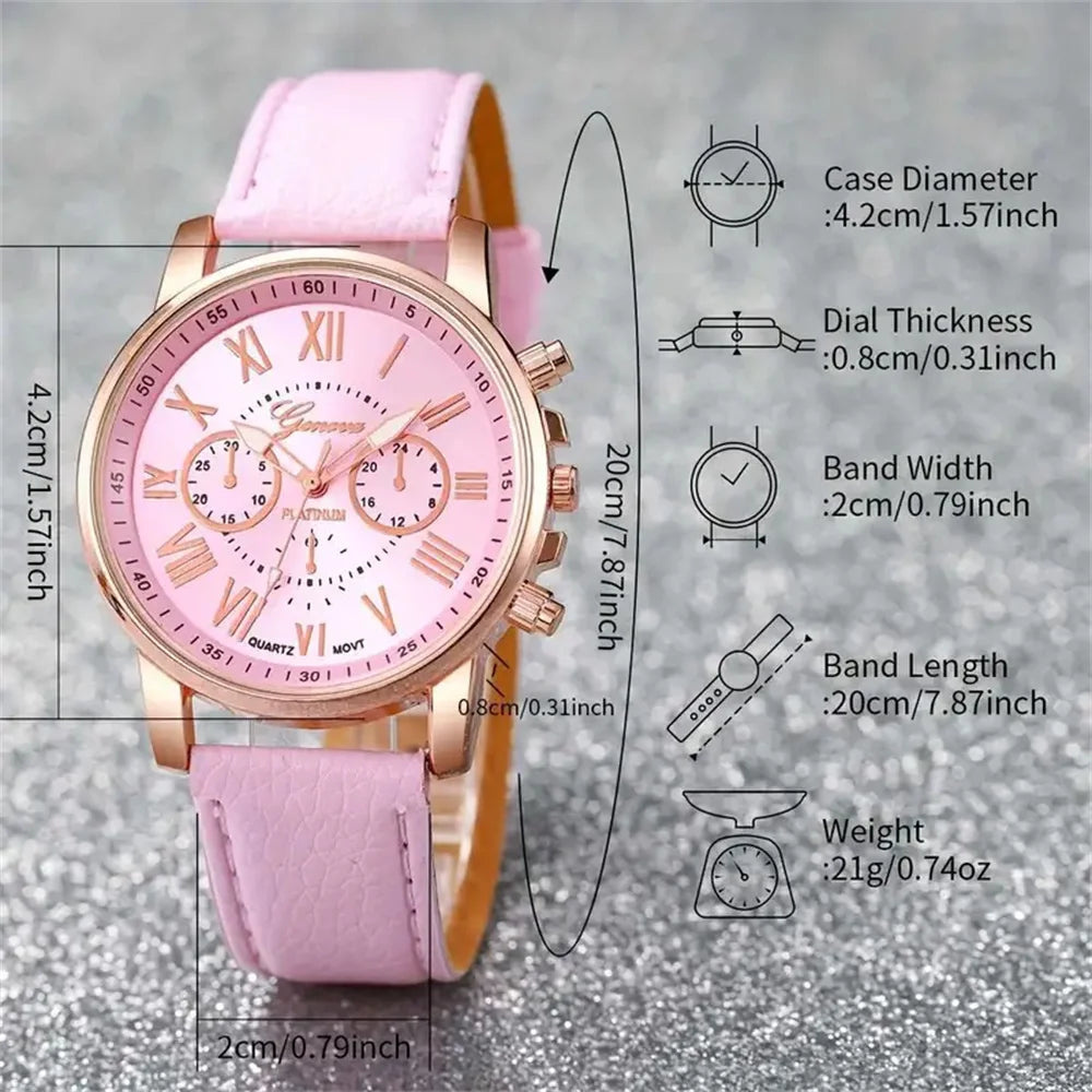 6PCS Women's Quartz Watch Set with Leather Band - Smarsty