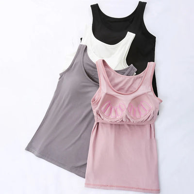 2023 Women's Vest Tops with Built In Bra Neck Vest Solid Color Padded Slim Fit Tank Tops Sexy Shirts Feminino Casual Tank Tops - Smarsty