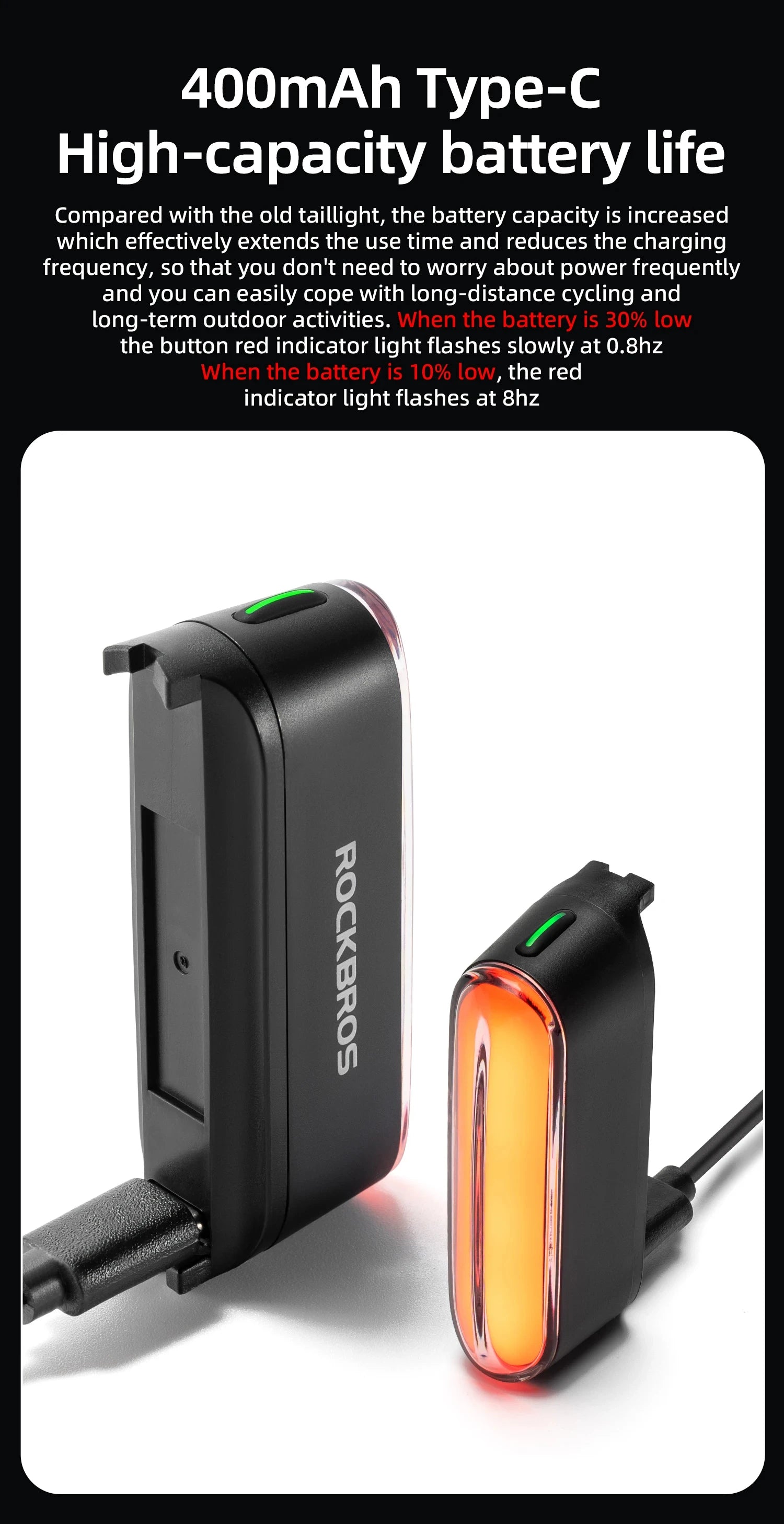 ROCKBROS Bicycle Light Magnetic Smart Tail Light Type-C Charge 7 modes 400mAh LED Lamp Beads Intelligent Brake Sensor Function - Smarsty