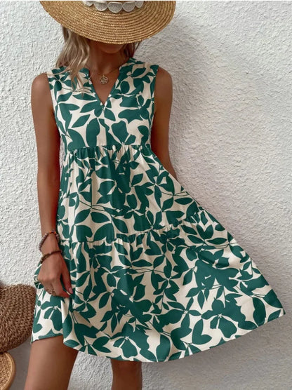 Women Boho Print Mini Dress Summer Elegant Sleeveless V Neck Ruffle A Line Tank Dress Casual Loose Oversize Beach Party Sundress - Smarsty