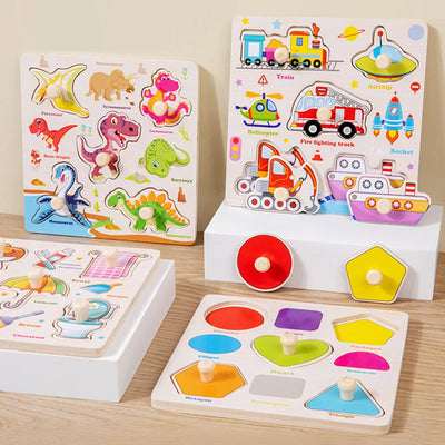 Wooden Puzzle Montessori Toys for Kids Cartoon Animal Traffic Hand Grab Boards Early Learning Educational Toys for Children - Smarsty