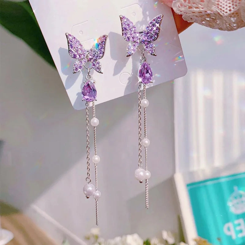 Luxury Women’s Zircon Crystal Pearl Butterfly Tassel Earrings - Smarsty