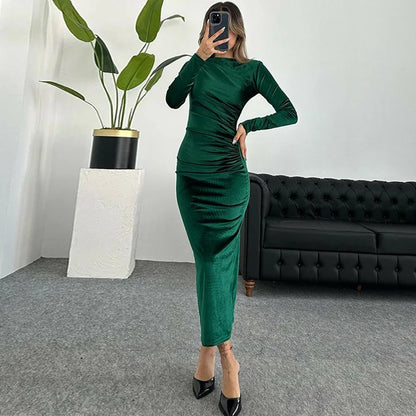 Dulzura 2024 Spring Summer Velvet Long Sleeve Midi Dress For Women Ruched Long Dress Elegant Party Clothes Evening Green Outfits - Smarsty