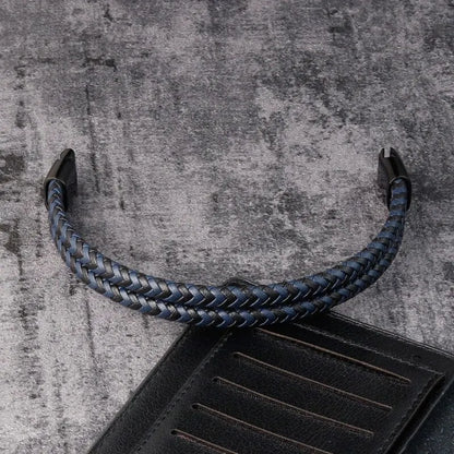 Mens Braided Leather Bracelet Double Band Bangle - Smarsty