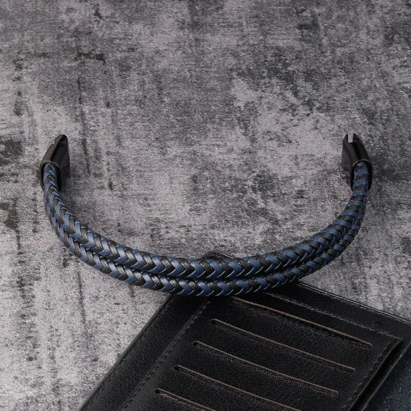 Mens Braided Leather Bracelet Double Band Bangle - Smarsty