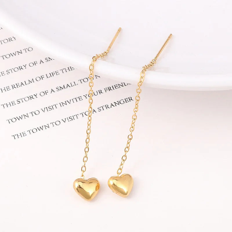 Gold Heart Tassel Earrings for Women in Korean Fashion Style - Smarsty