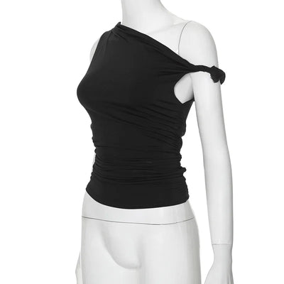 Simple Basic Casual Summer Tank Top Sleeveless Solid Color Off Shoulder Side Ruched Crop Tops Vestidos Spring Women T S - Smarsty