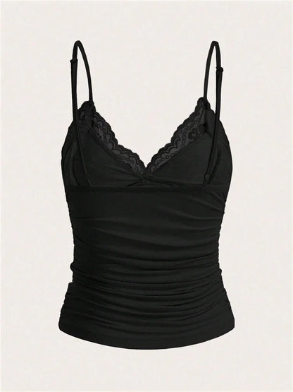 Sexy Contrast Lace Bow Front Crop Cami Top Women 2024 Summer Grunge Punk Y2K Clothes Ruched Skinny Backless Tee Shirt