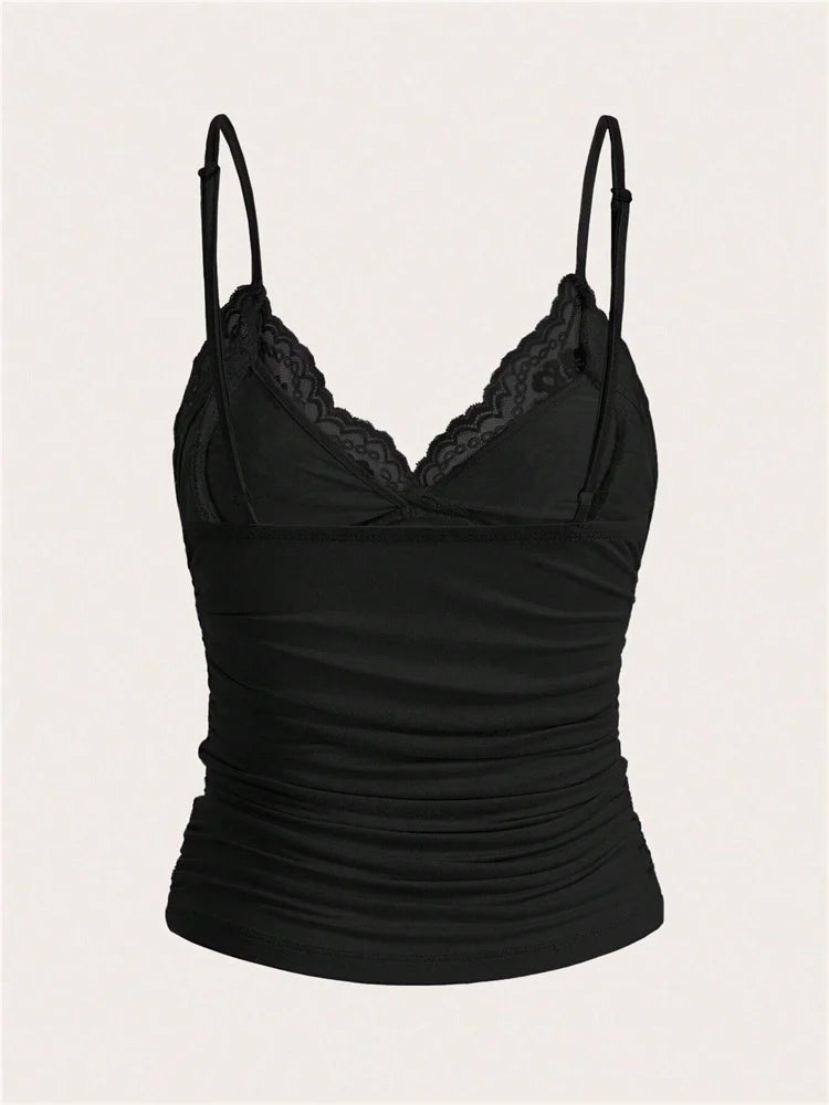 Sexy Contrast Lace Bow Front Crop Cami Top Women 2024 Summer Grunge Punk Y2K Clothes Ruched Skinny Backless Tee Shirt