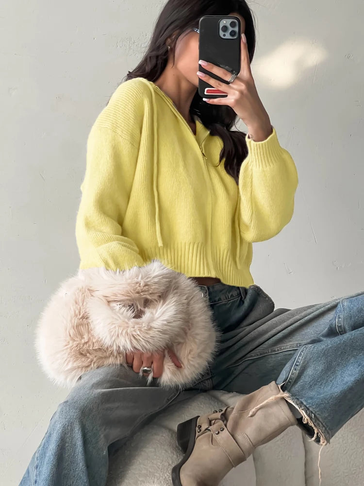 Autumn Knitted Women's Short Cardigan with Zipper Gray Winter Sweater Casual Cute Vintage White Cardigan for Women with Hood - Smarsty