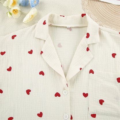 Summer New Love Heart Print Pyjama 100% Cotton Long Sleeve Set 2Pcs Outfit Lapel Sleepwear Button Down Women's Pajamas Nightwear - Smarsty